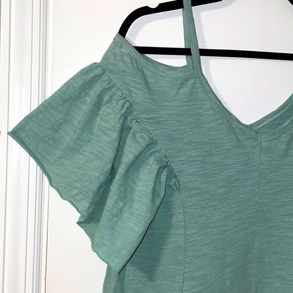 Bottle green cold shoulder flutter sleeve princess seam dress size Large - Picture 2 of 8